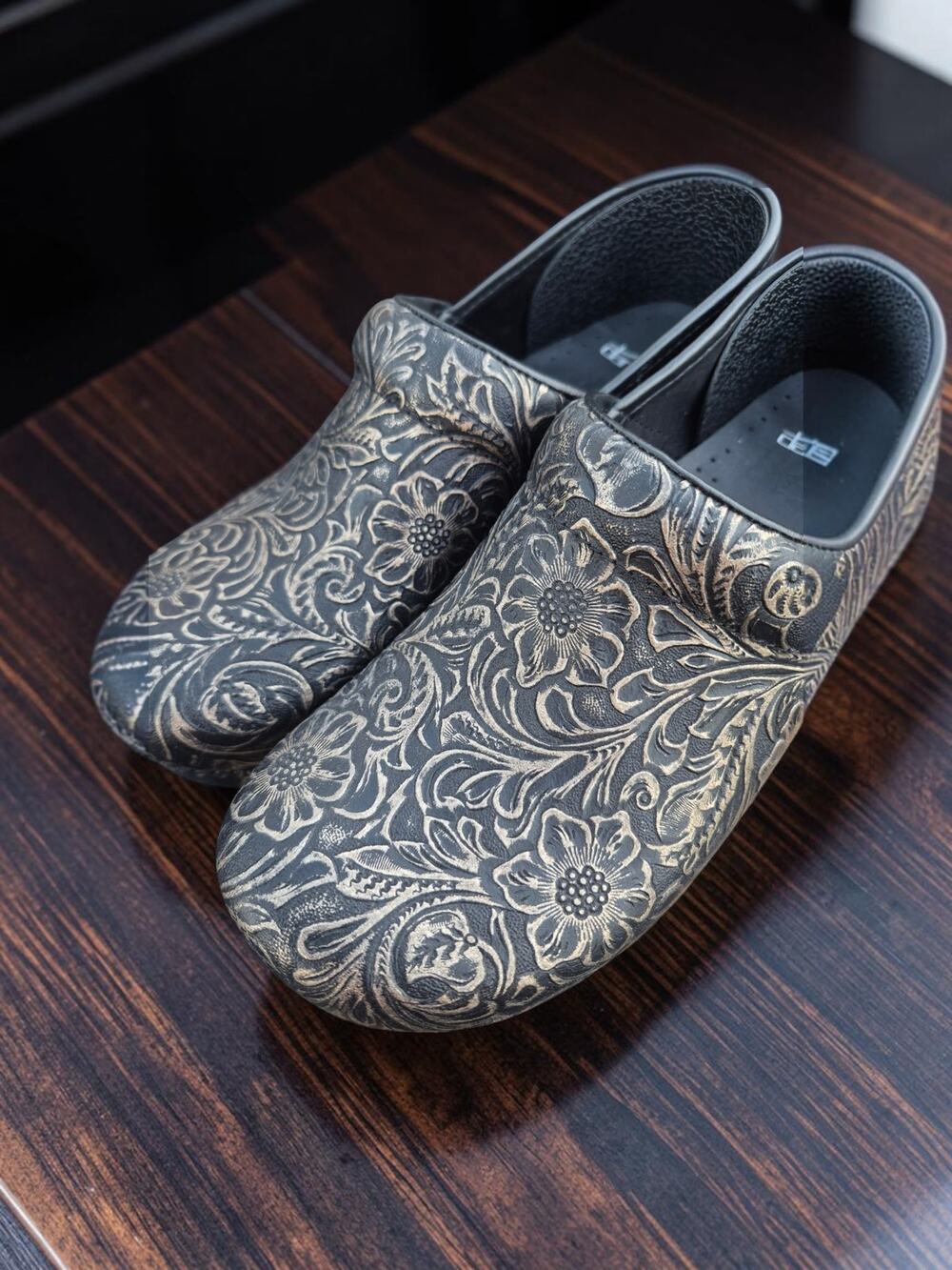 Dansko Clogs Womens 11.5-12 EU 42 Black Gold Tooled Floral Leather Shoes
